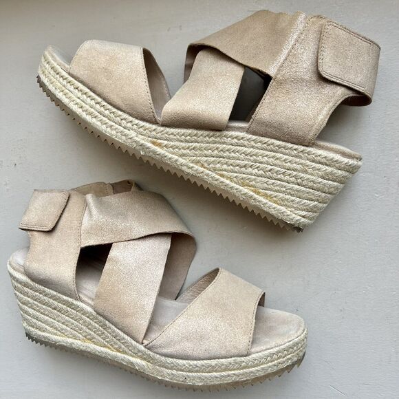 Eileen Fisher Metallic Nude Tan Leather Espadrille Wedge Crossover Sandal US 10 - Picture 1 of 16